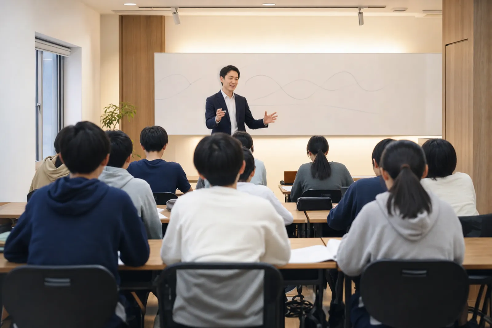 教室の前に立ち、生徒たちに説明する塾長
