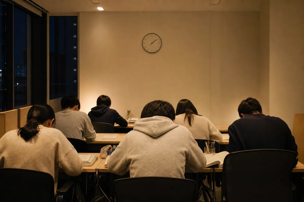 夜の自習室と壁の時計