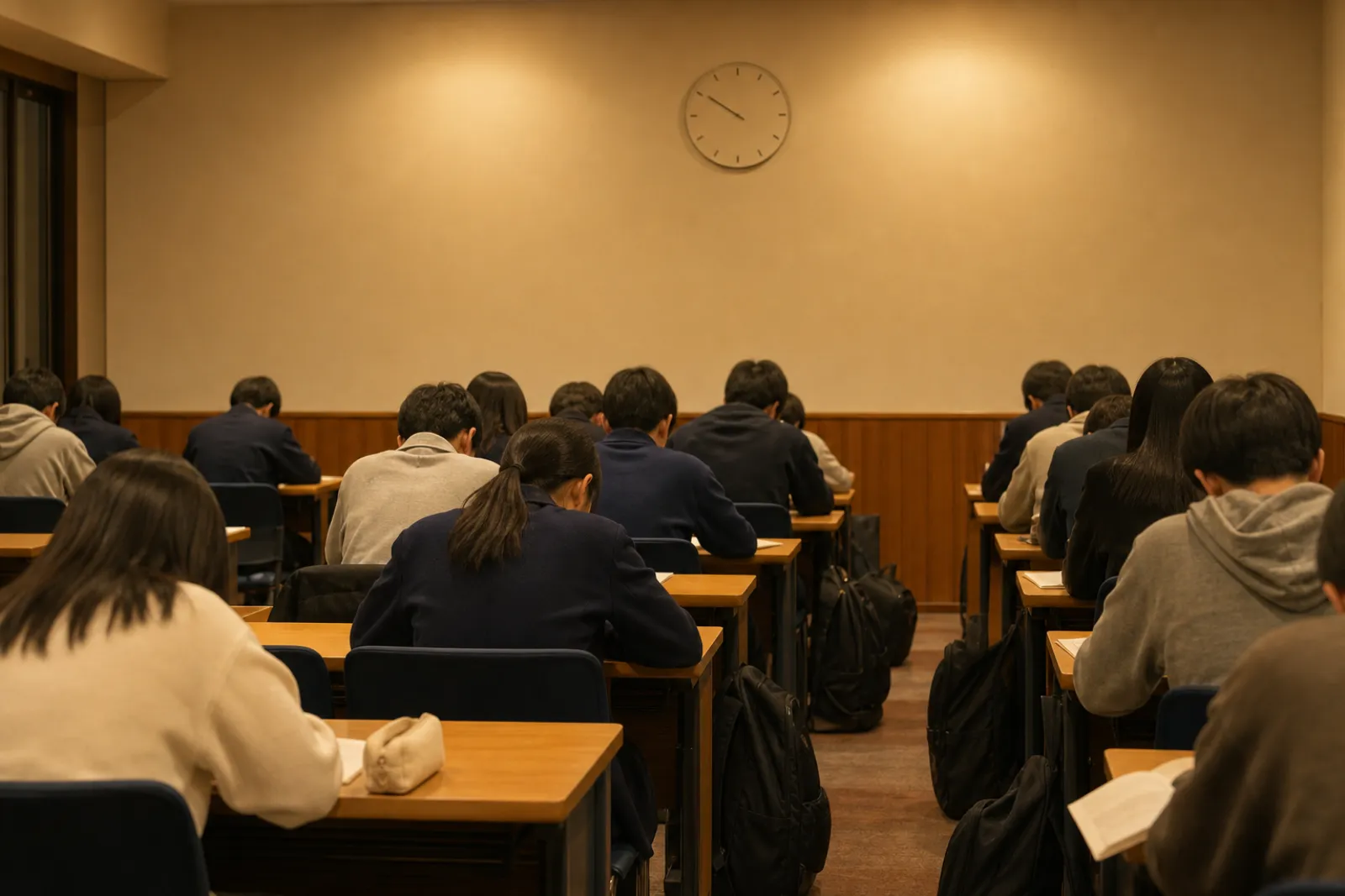 自習室の座席と壁掛け時計
